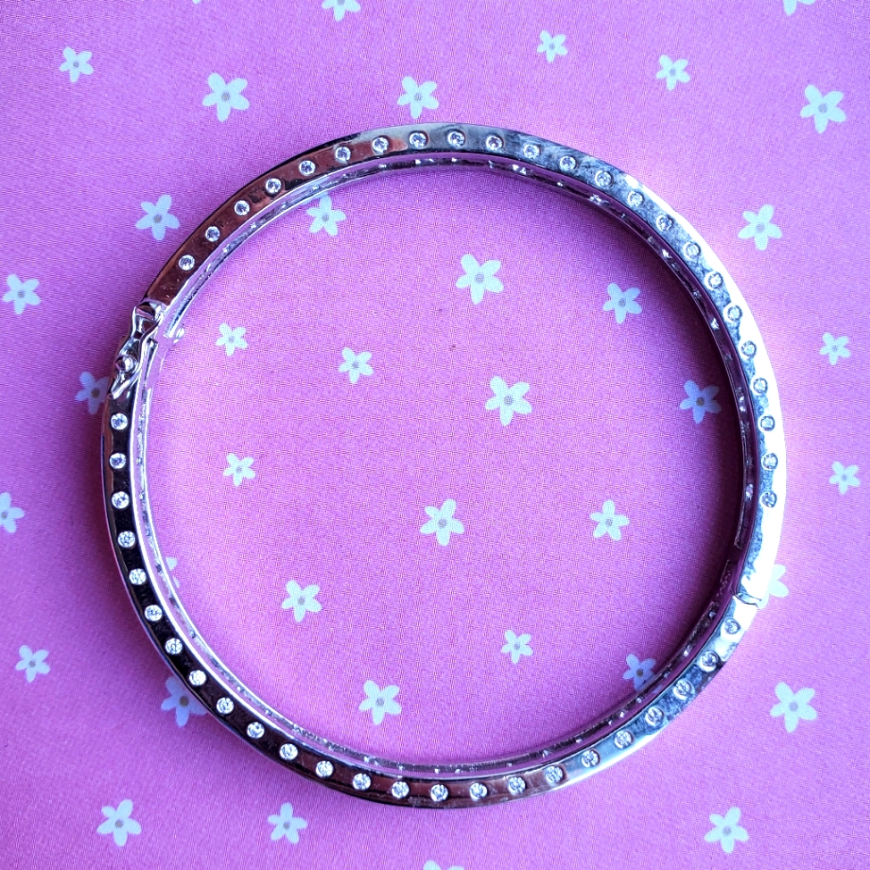 Round Cubic Zirconian Diamond Hinge Bangle Silver Plated Stainless Steel Cz